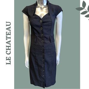 Le Chateau Black White Pinstripe Button Front Dress Cap Sleeve Open Back Size XS